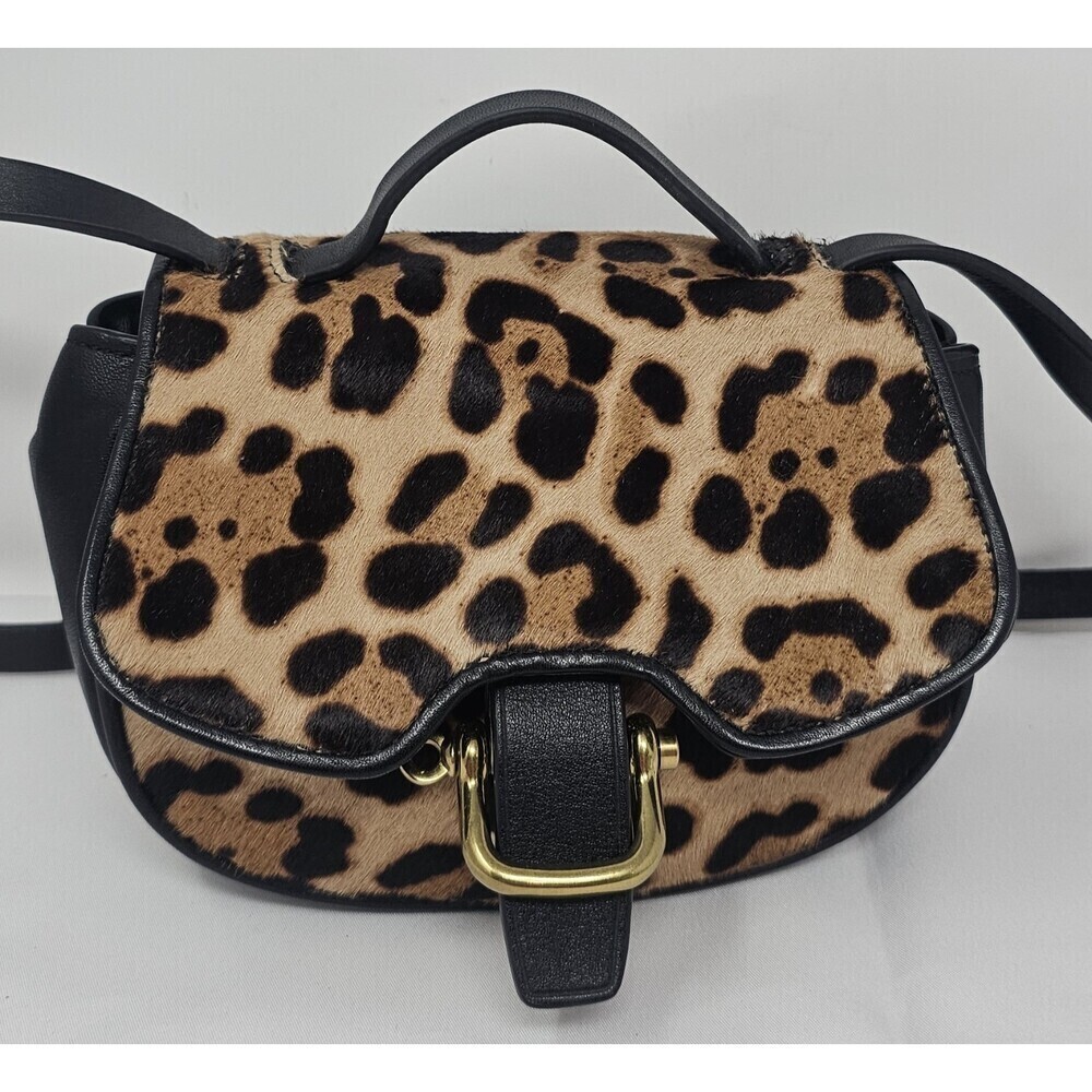J. Crew Rider Leopard Black Leather Calf Hair Gold Hardware Crossbody Saddle Bag